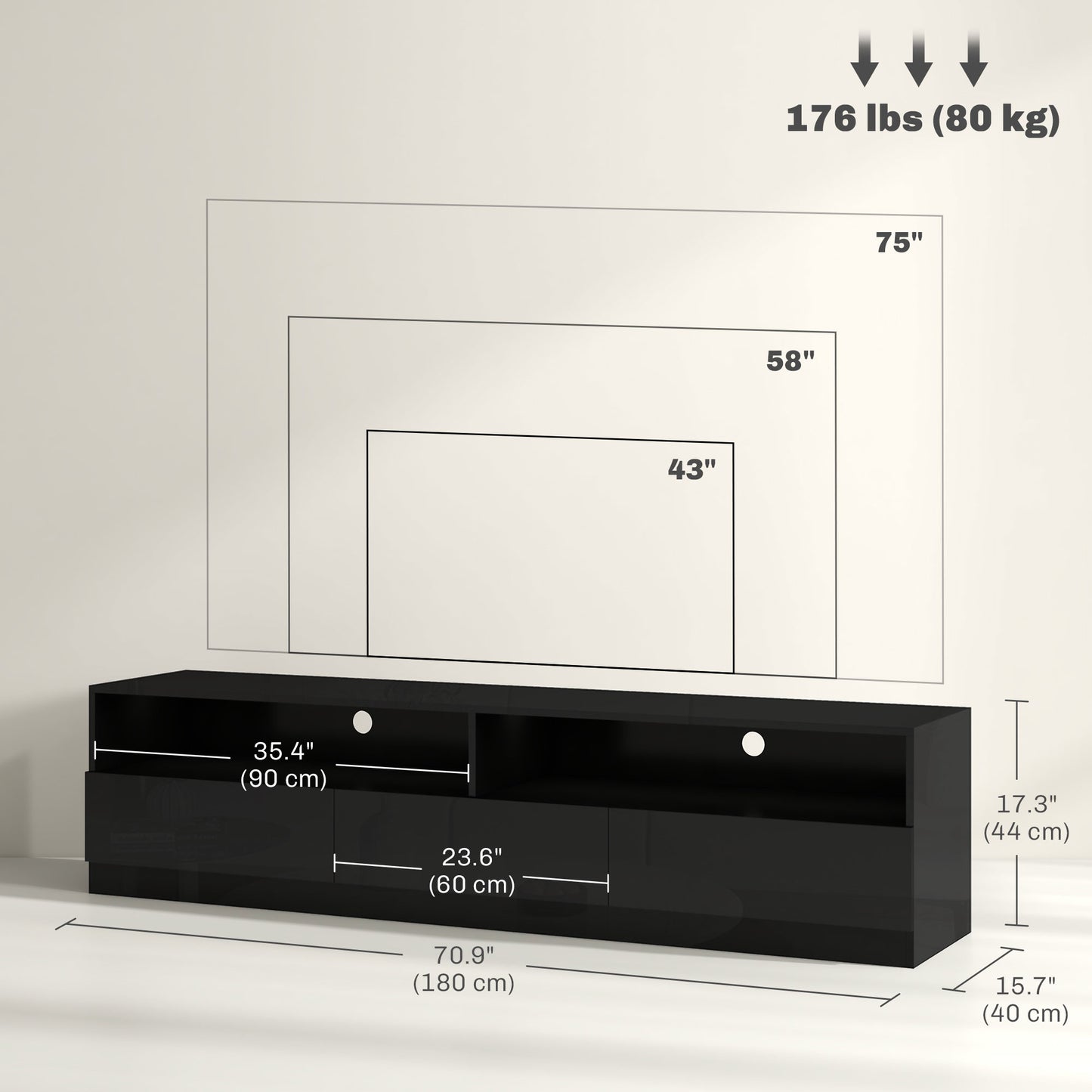 HOMCOM TV Stand with LED Lighting for TVs up to 75 inches, Modern TV Cabinet with Storage Drawers for Living Room, Glossy Black