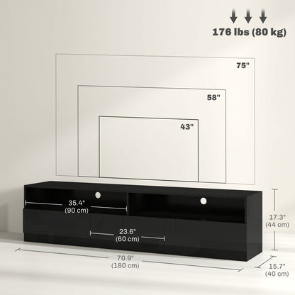 HOMCOM TV Stand with LED Lighting for TVs up to 75 inches, Modern TV Cabinet with Storage Drawers for Living Room, Glossy Black
