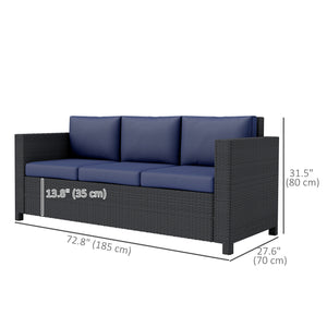 Canapé 3 places en rotin et osier, mobilier de jardin extérieur avec coussin, bleu marine
