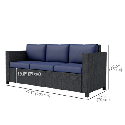 Canapé 3 places en rotin et osier, mobilier de jardin extérieur avec coussin, bleu marine