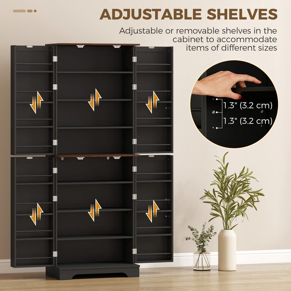 166 cm Kitchen Pantry Cabinet Adjustable Shelves Tall Storage Cabinet Door Shelves 8 Shelves Brown Black