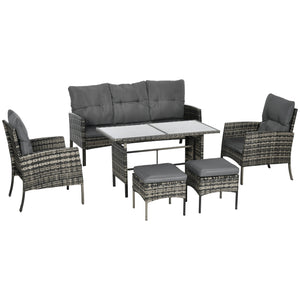 Ensemble de meubles 6 pièces avec chaises, poufs, canapé, table en verre et coussins, ensemble de meubles, gris