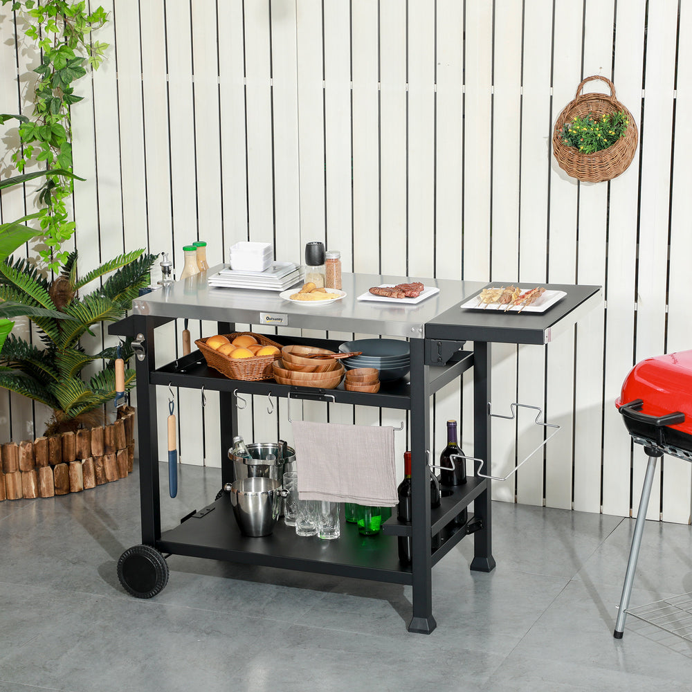 3-Shelf Outdoor Grill Cart Table with Foldable Side Table and Stainless Steel Table Top, Pizza Oven Stand on Wheels