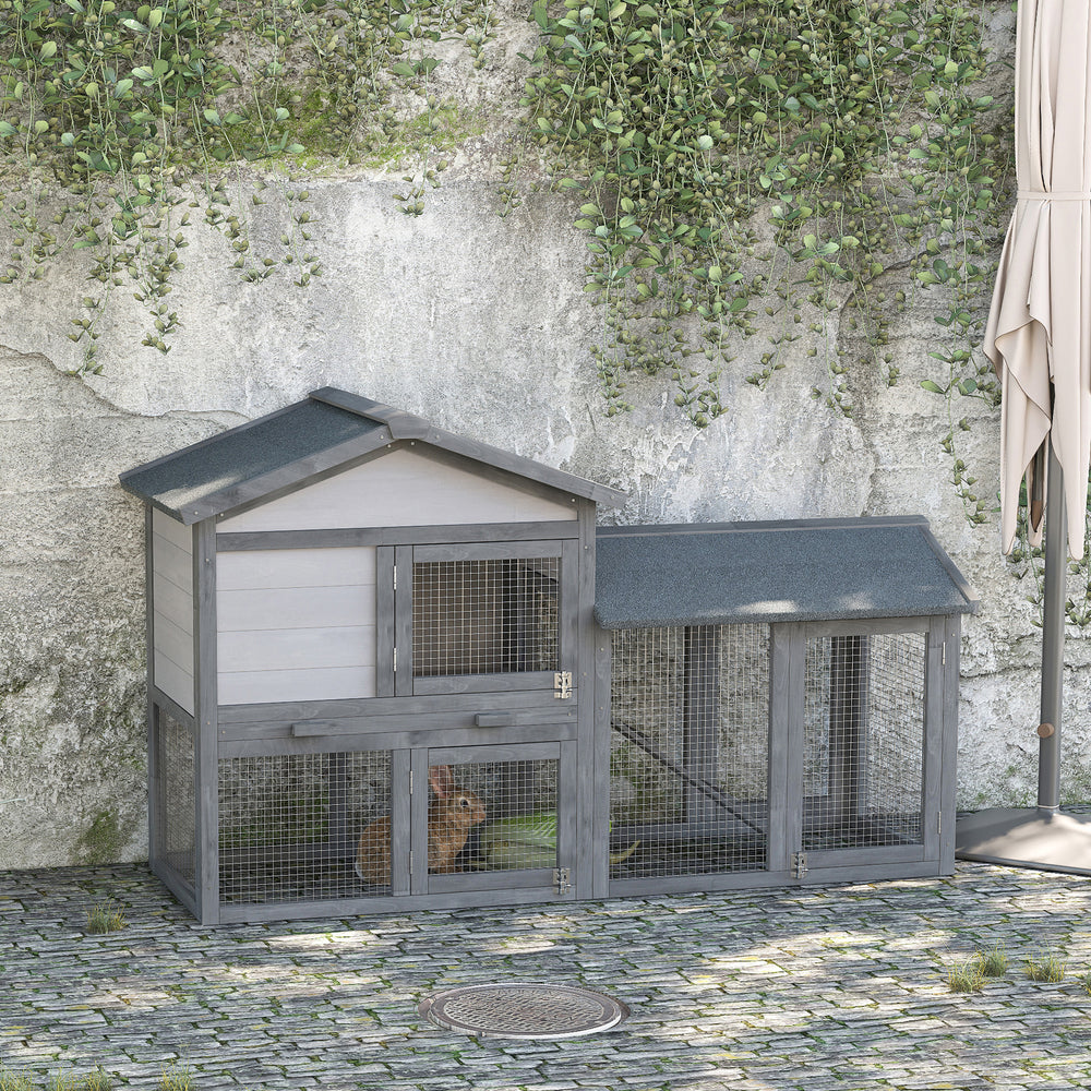 Wood Rabbit Hutch Backyard Bunny Cage Small Animal House Asphalt Roof w/ Ramp and Outdoor Run Dark Grey