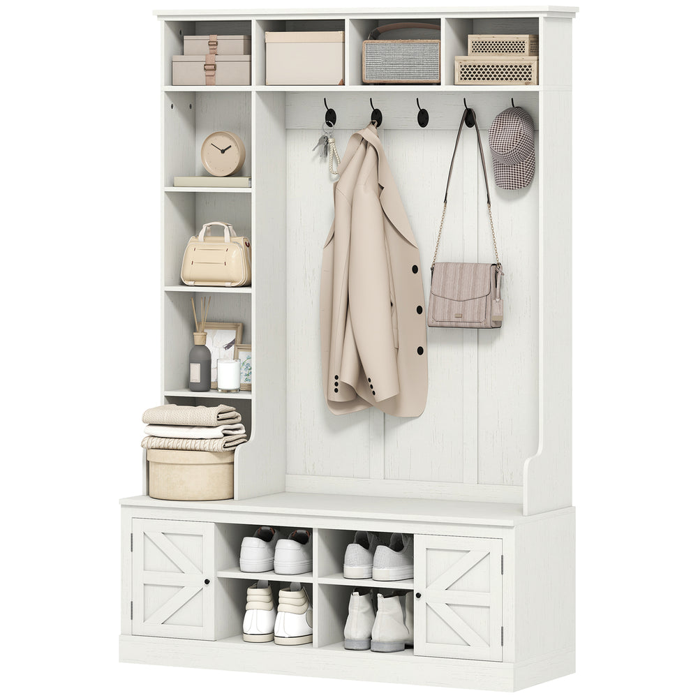 Hallway furniture with bench, coat rack, 12 shelves, 2 cupboards, 5 hooks, white wood look