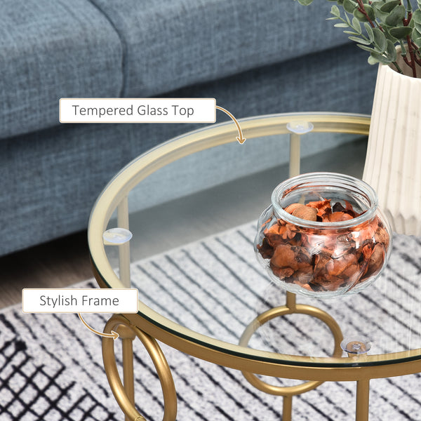 Lot de 2 tables basses rondes dorées avec plateau en verre trempé