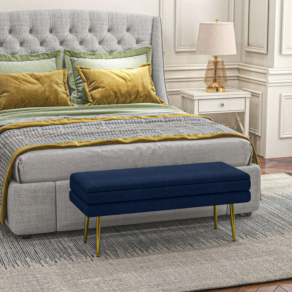 Pouf de rangement en velours avec pieds en acier, bleu