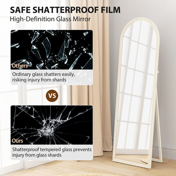 Full-length arched floor mirror with faux stone frame, white