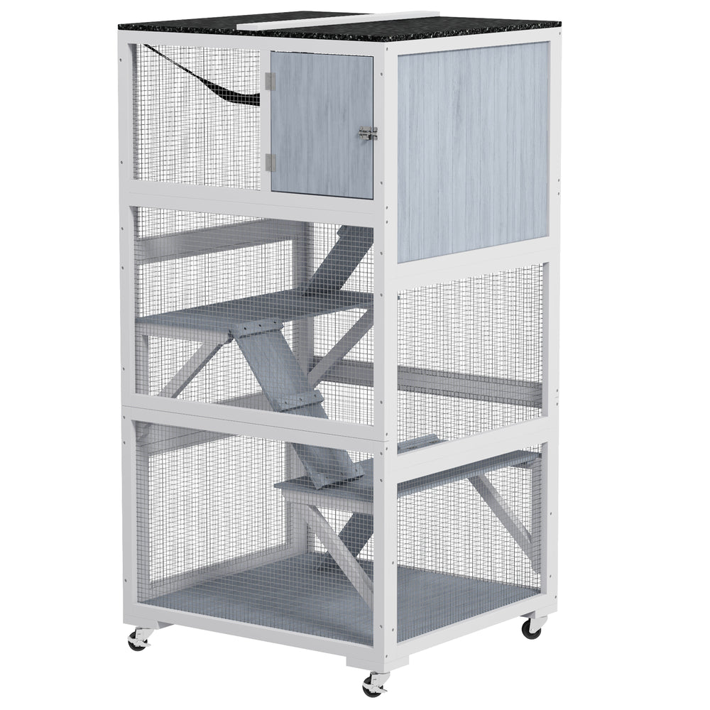 Enclos pour chats sur roulettes avec hamac et plusieurs plateformes de repos, gris