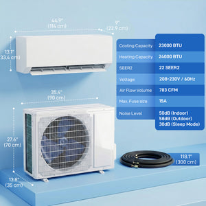 Climatiseur split de 23000 BTU, 22 SEER2, 230 V, compatible Wi-Fi, avec pompe à chaleur et onduleur, refroidit jusqu'à 1500 pieds carrés.