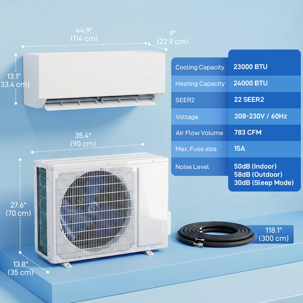 Climatiseur split de 23000 BTU, 22 SEER2, 230 V, compatible Wi-Fi, avec pompe à chaleur et onduleur, refroidit jusqu'à 1500 pieds carrés.