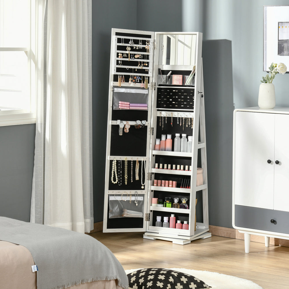 Armoire à bijoux pivotante à 360°, verrouillable, avec miroir intégré, blanc