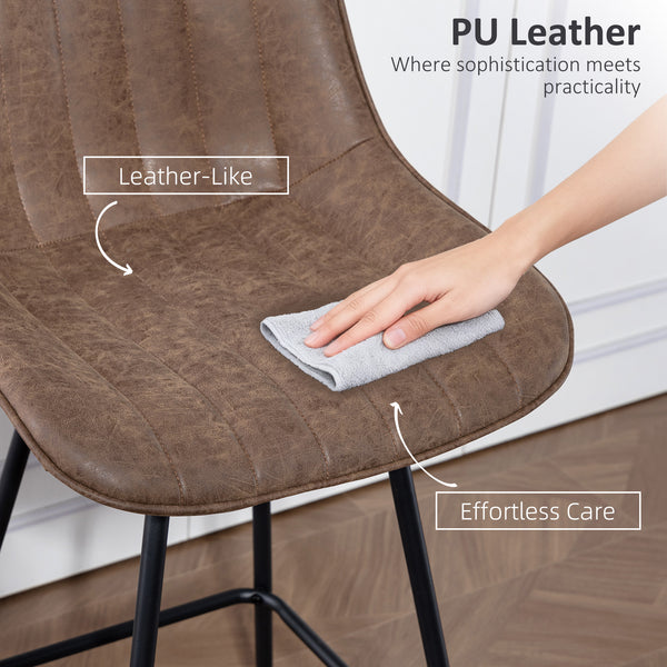 Set of 2 counter-height bar stools, upholstered in PU leather, with backrest, footrest and steel legs, brown