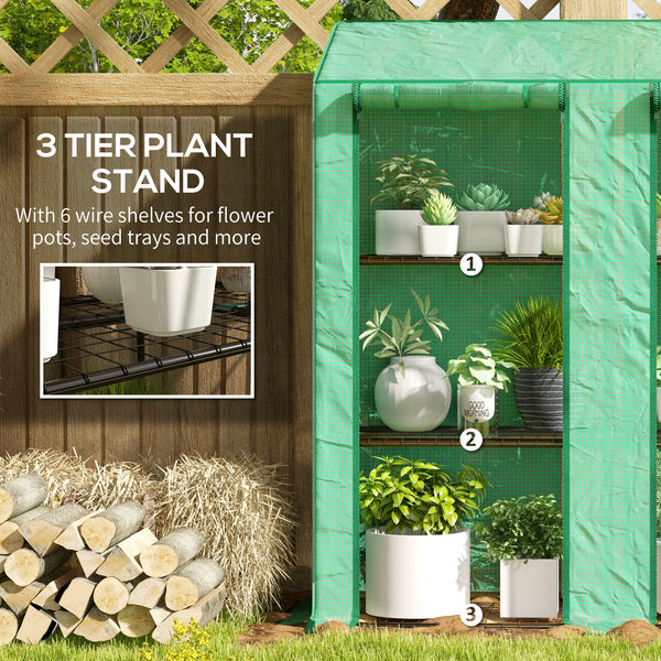 Portable greenhouse with 3 shelves, reinforced PE cover and roll-up doors