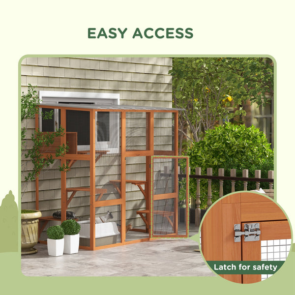 Cat enclosure with waterproof roof, resting niche and platforms, orange