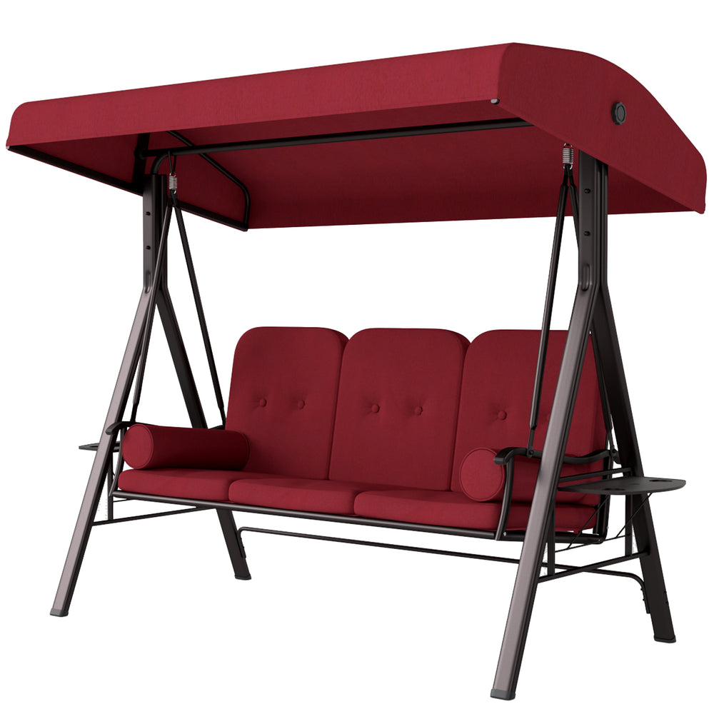 Balancelle d'extérieur pour 3 personnes avec auvent réglable, structure en acier robuste et siège rembourré confortable, couleur rouge vin