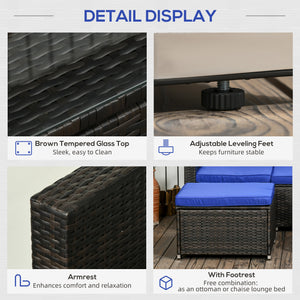 3 Pieces Patio Furniture Set with Cushions, Outdoor PE Rattan Wicker Conversation Corner Sofa Set with Glass Top Table and Adjustable Foot for Garden, Lawn, Blue