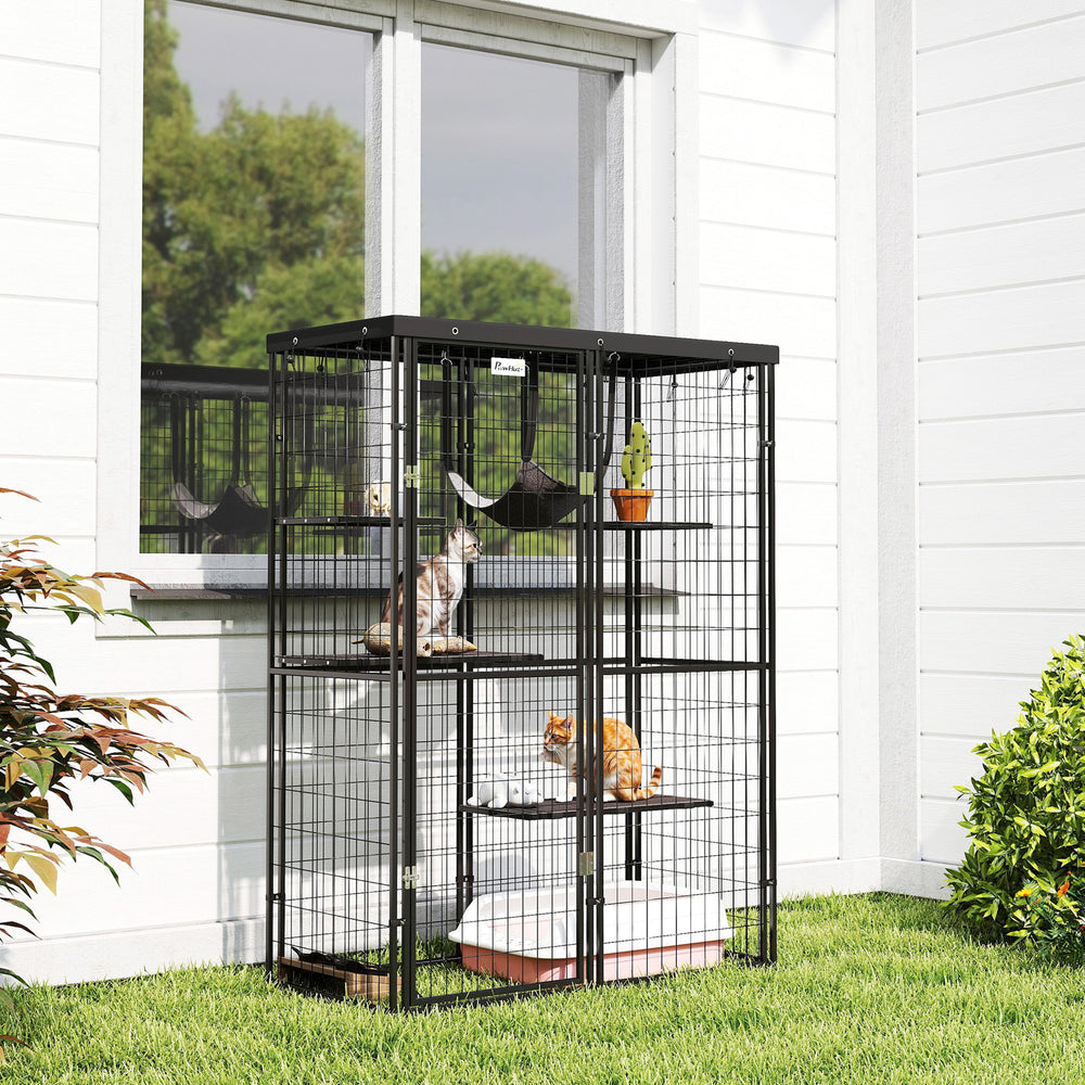 Metal cat cage with waterproof cover, hammock, washable cushions, black