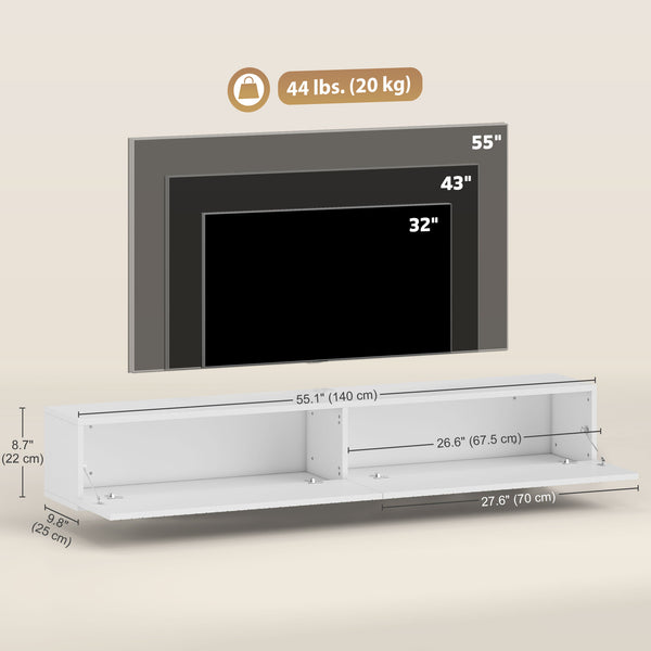 Floating wall-mounted TV unit for TVs up to 72 inches with 2 fluted drop-down doors, white