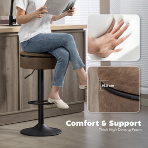 Set of 2 swivel bar stools with storage, faux leather upholstery, footrest, steel base, brown