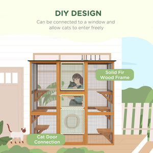 Cage pour chat en bois avec 6 plateformes équilibrées et toit en asphalte, orange