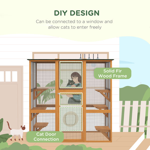 Cage pour chat en bois avec 6 plateformes équilibrées et toit en asphalte, orange