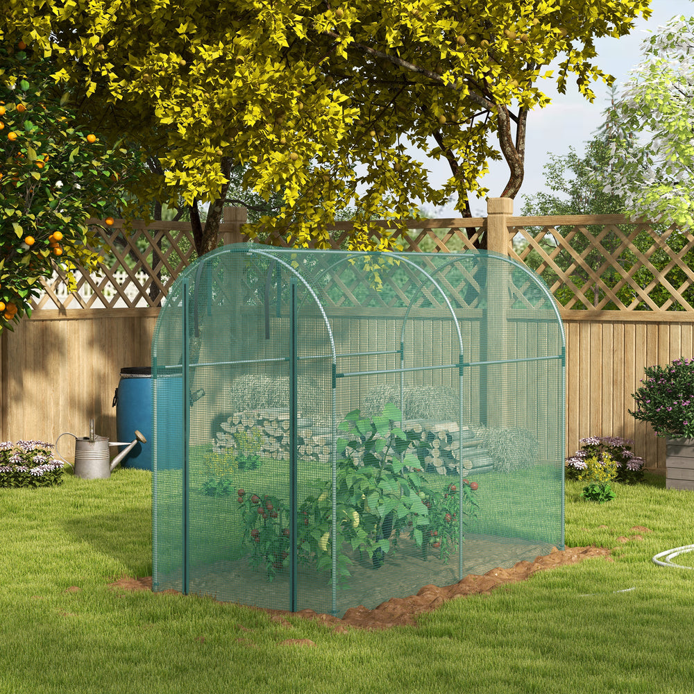 Plant protection tent with zippered door, green