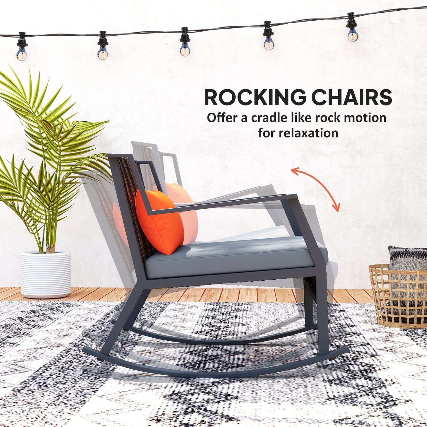 Outsunny 3 Pieces Rocking Bistro Set, Wicker Patio Furniture Set with Cushions and Glass Table for Porch, Balcony, Gray |