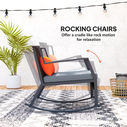 Outsunny 3 Pieces Rocking Bistro Set, Wicker Patio Furniture Set with Cushions and Glass Table for Porch, Balcony, Gray |