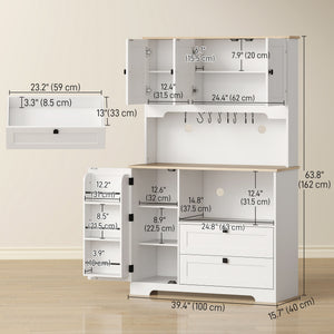 Kitchen Pantry Cabinet, 64" Tall Kitchen Hutch with 3 Cabinets, 2 Drawers, Adjustable Shelves, Microwave Stand, White