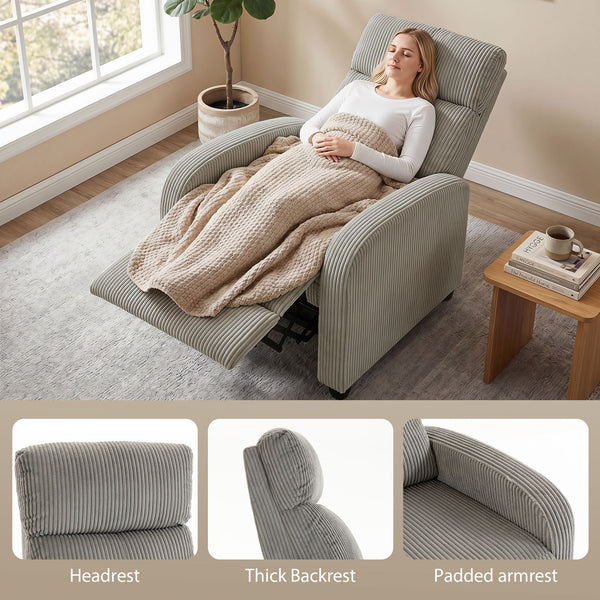 Fauteuil inclinable en velours côtelé avec assise rembourrée, idéal pour le salon, gris