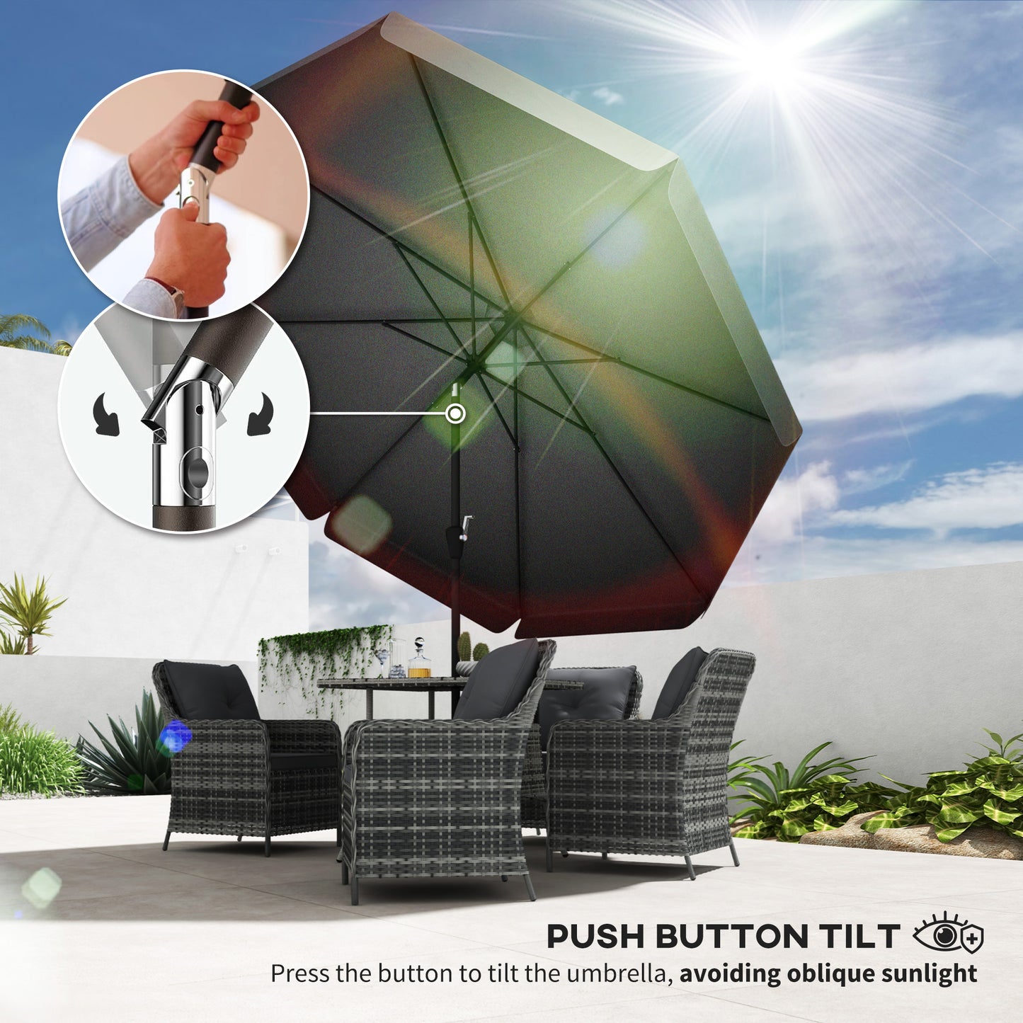 Parasol de table de 2,6 avec inclinaison et manivelle pour jardin, cour, terrasse, noir