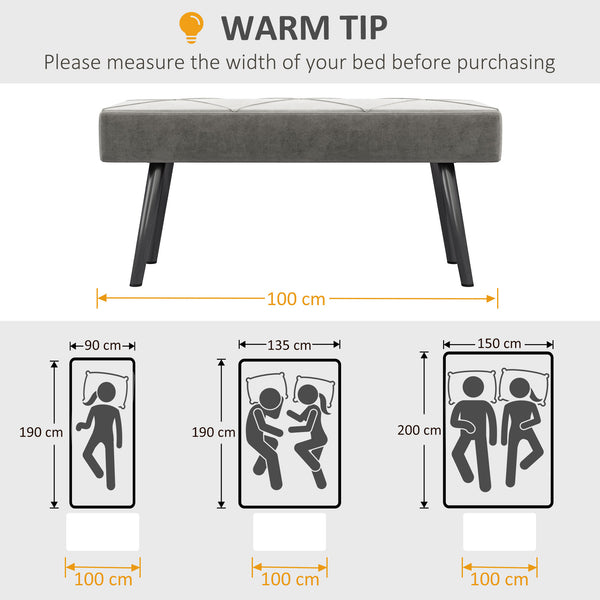 Banc de chambre rembourré avec pieds en acier, gris