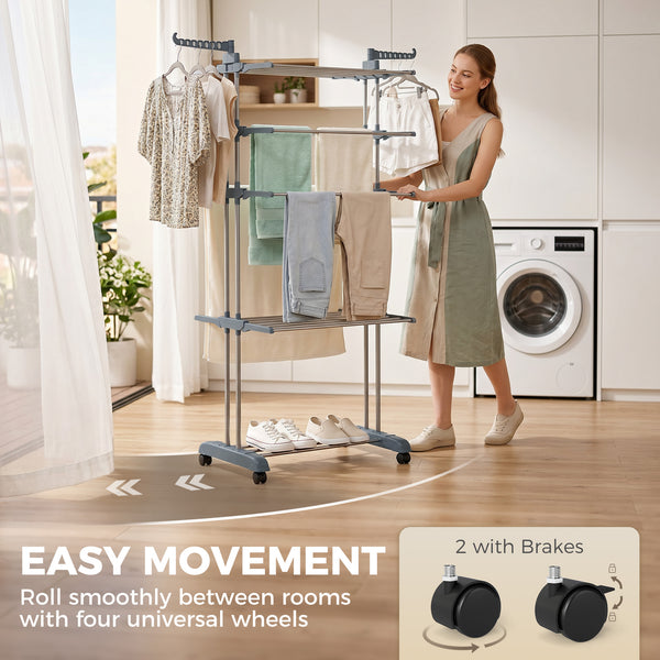 Séchoir à linge pliable à 5 niveaux sur roulettes, gris