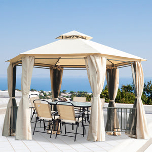 Gazebo hexagonal 13 pi avec moustiquaire et rideaux ombragés, beige