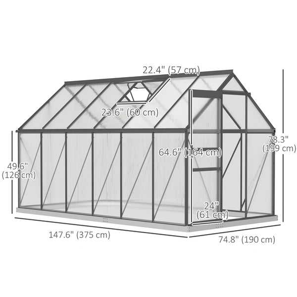 Serre de plain-pied avec aération de toit réglable, base galvanisée, porte coulissante et gouttière, gris anthracite