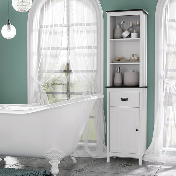 Tall freestanding storage cabinet with drawer and adjustable shelf for living room, white