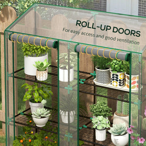 Portable mini greenhouse with 3 shelves, reinforced cover and roll-up doors