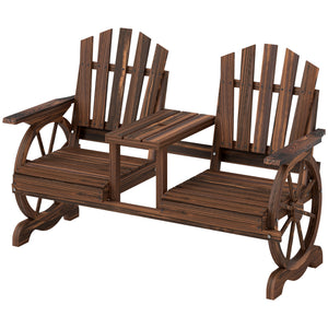 Two-seater outdoor wooden bench in the shape of a wagon wheel