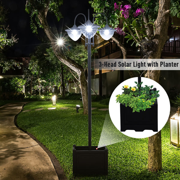 Lampadaire solaire à 3 LED avec jardinière, noir
