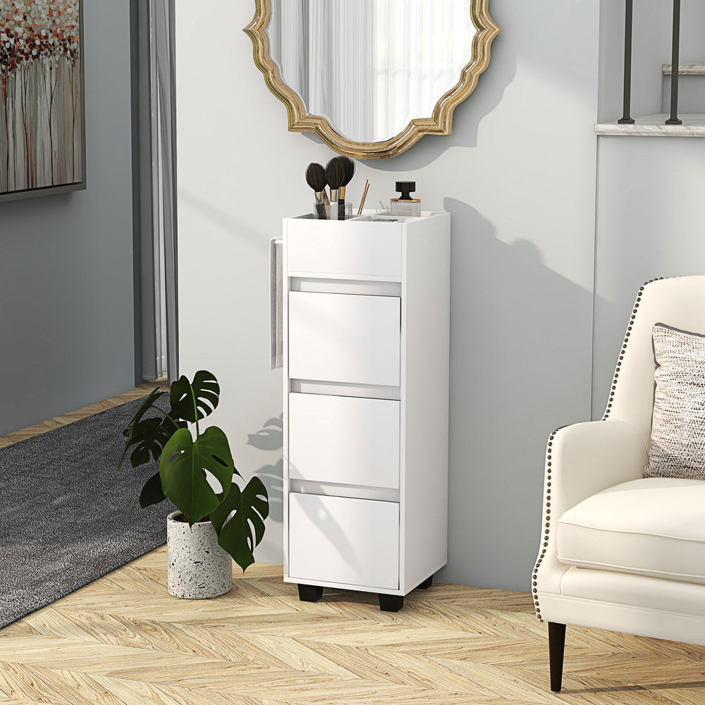 Narrow storage cabinet with 3 drawers, 4 compartments and towel rack – White