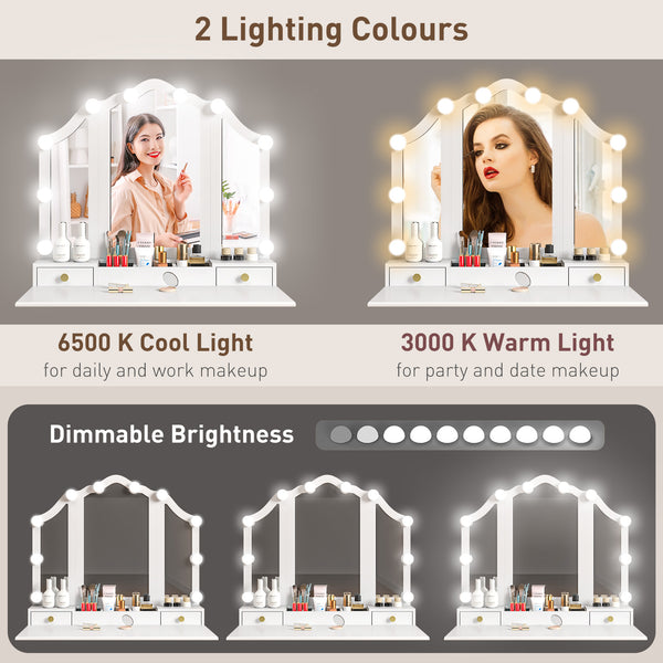 Coiffeuse avec tabouret, 10 lumières LED, 5 tiroirs et 3 compartiments, blanc