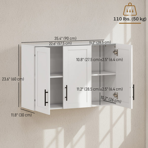 Armoire murale de salle de bain 35 po avec 3 portes et tablette ajustable, blanc