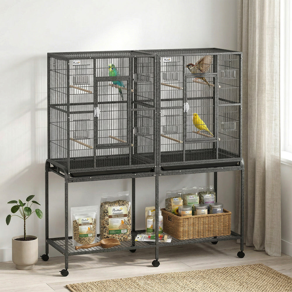 Large double bird cage with removable divider, stand with wheels and accessories – Black