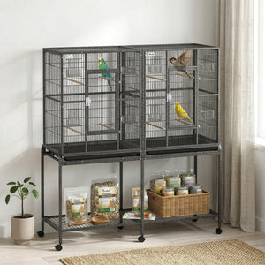 56"H Bird Cage, Parrot Cage with Detachable Rolling Stand, Removable Tray, Storage Shelf, Perches, Food Container