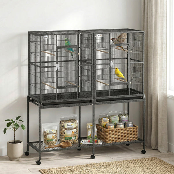 56"H Bird Cage, Parrot Cage with Detachable Rolling Stand, Removable Tray, Storage Shelf, Perches, Food Container