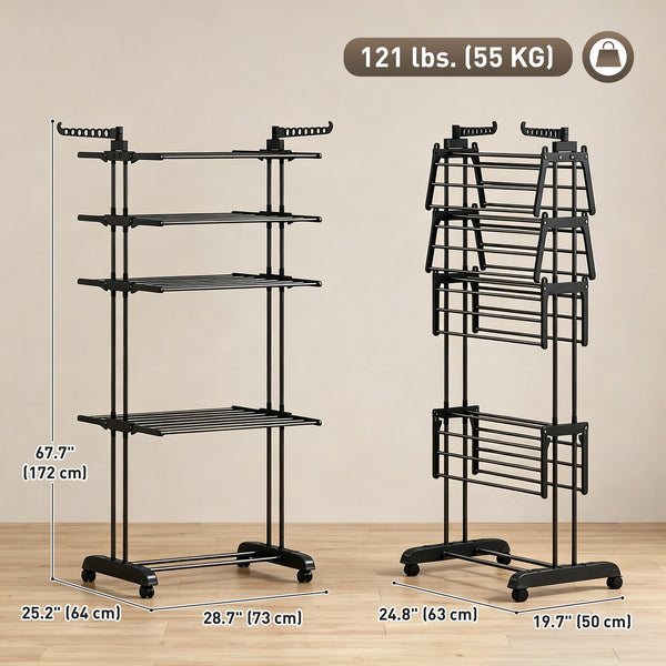 Séchoir à linge pliable à 5 niveaux sur roulettes, noir