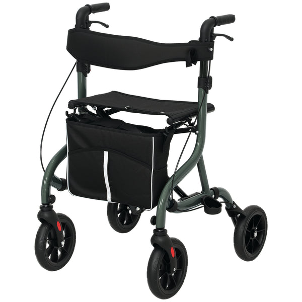 Déambulateur pliable avec siège pour seniors, léger et à roulettes, avec poignées réglables, vert