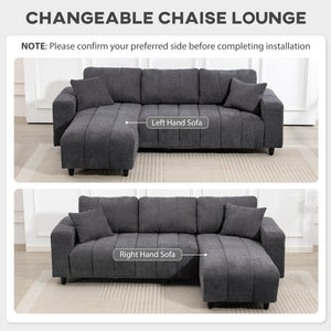 Canapé sectionnel avec assise intégrée, méridienne amovible, 2 coussins, gris