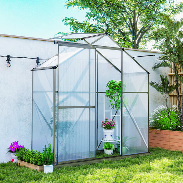Polycarbonate greenhouse with sliding door, 5-level roof ventilation and gutter